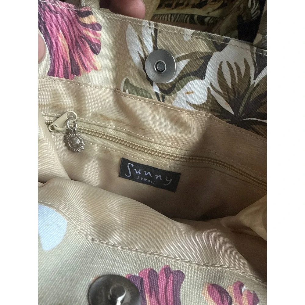 Sunny‎ Hawaii Tropical Floral Hibiscus Canvas Tote Handbag Tan Green Pink